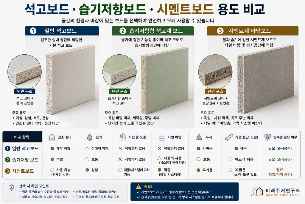 LGS 모듈러 주택 시멘트보드란? 욕실·바닥·외벽용 시멘트계 보드 선택 기준 2 석고·습기저항·시멘트보드 용도 비교