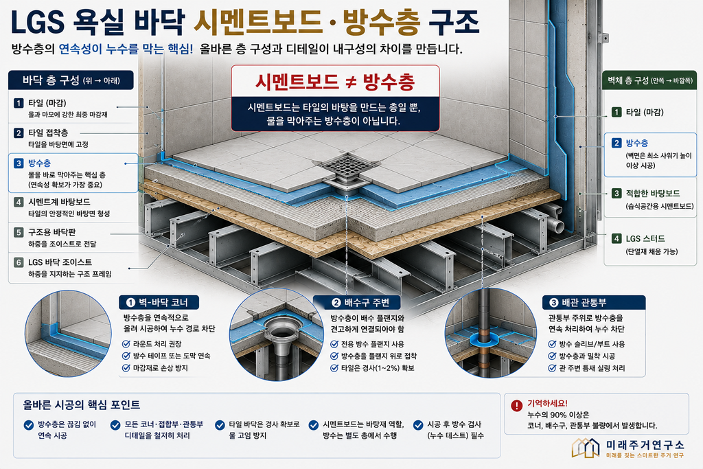 LGS 모듈러 주택 시멘트보드란? 욕실·바닥·외벽용 시멘트계 보드 선택 기준 3 LGS 욕실 방수층 구조 인포그래픽