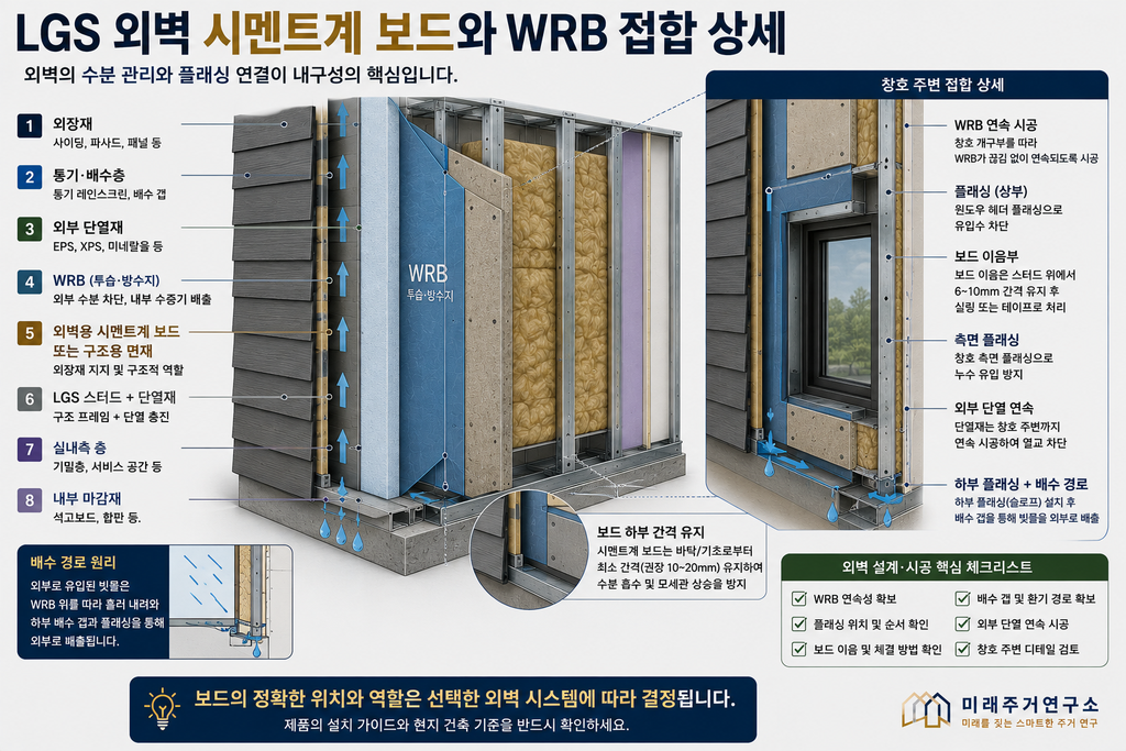 LGS 모듈러 주택 시멘트보드란? 욕실·바닥·외벽용 시멘트계 보드 선택 기준 4 LGS 외벽 방수·배수 접합 상세 인포그래픽