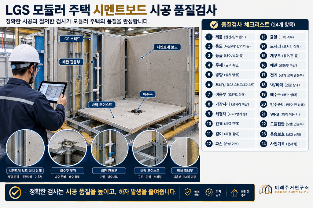 LGS 모듈러 주택 시멘트보드란? 욕실·바닥·외벽용 시멘트계 보드 선택 기준 5 LGS 모듈러 시멘트보드 품질검사 인포그래픽