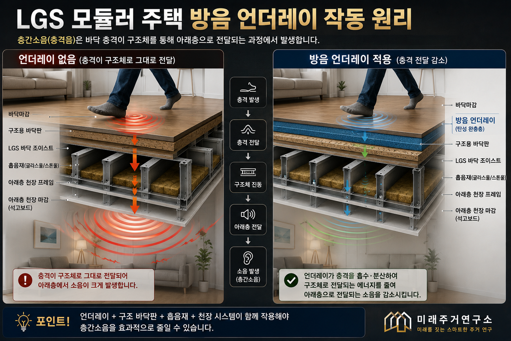 LGS 모듈러 주택 방음 언더레이란? 고무·폼·섬유계와 층간소음 원리 1 LGS 모듈러 주택 방음 언더레이 비교