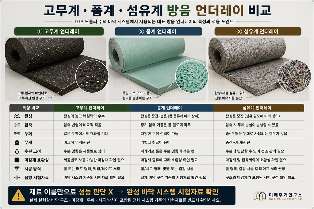 LGS 모듈러 주택 방음 언더레이란? 고무·폼·섬유계와 층간소음 원리 2 고무·폼·섬유계 방음 언더레이 비교