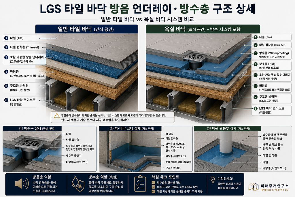 LGS 모듈러 주택 방음 언더레이란? 고무·폼·섬유계와 층간소음 원리 3 LGS 타일 바닥 방음 언더레이 방수층 구조