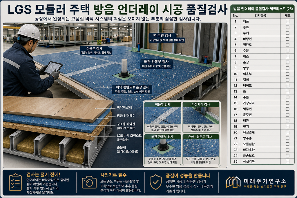 LGS 모듈러 주택 방음 언더레이란? 고무·폼·섬유계와 층간소음 원리 5 LGS 모듈러 방음 언더레이 품질검사