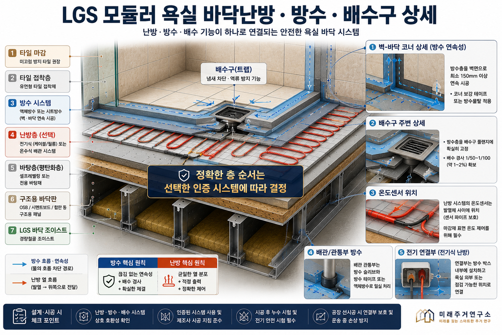LGS 모듈러 주택 바닥난방이란? 전기필름·전기케이블·온수식 구조 비교 4 LGS 모듈러 욕실 바닥 시스템 상세