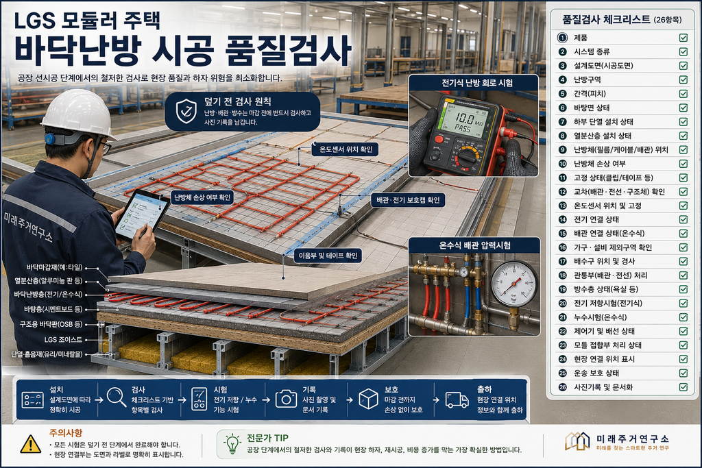 LGS 모듈러 주택 바닥난방이란? 전기필름·전기케이블·온수식 구조 비교 5 LGS 모듈러 바닥난방 품질검사 체크리스트