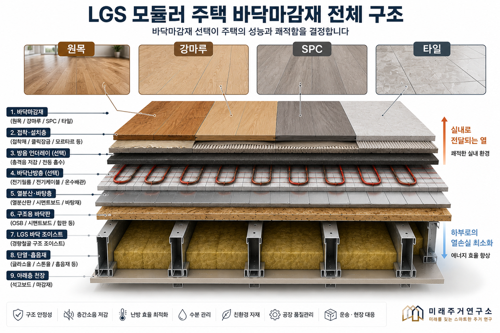 LGS 모듈러 주택 바닥마감재란? 원목·강마루·SPC·타일 선택 기준 1 LGS 모듈러 주택 바닥 구조 안내서