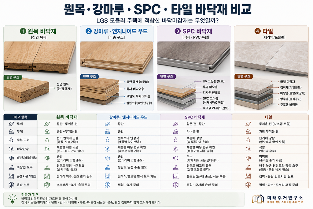 LGS 모듈러 주택 바닥마감재란? 원목·강마루·SPC·타일 선택 기준 2 원목·강마루·SPC·타일 바닥재 비교 infographics