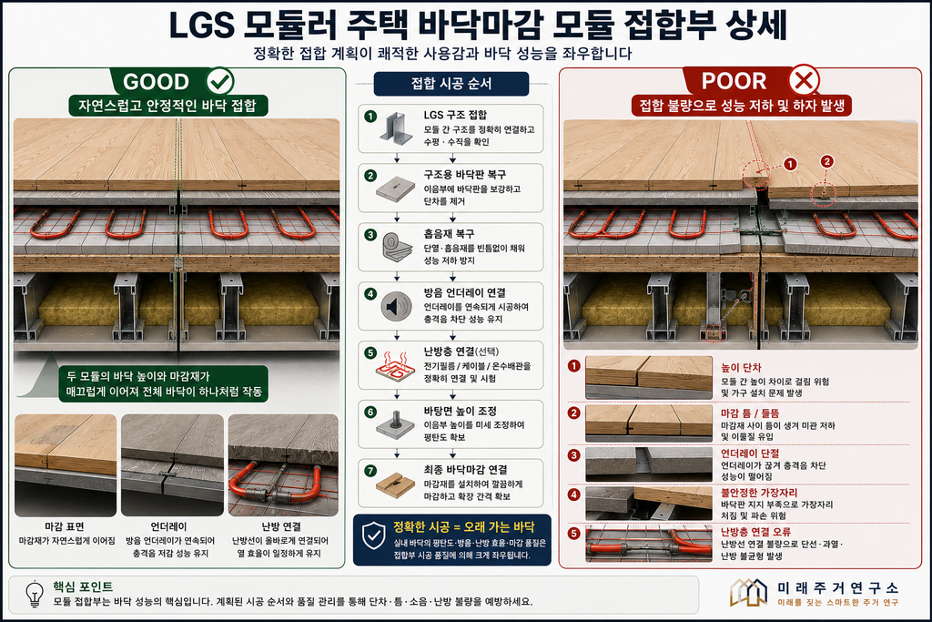 LGS 모듈러 주택 바닥마감재란? 원목·강마루·SPC·타일 선택 기준 4 LGS 모듈러 바닥 접합부 비교 가이드