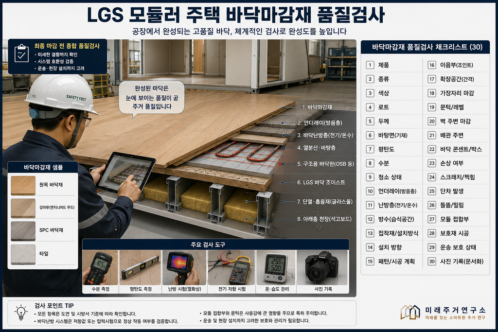 LGS 모듈러 주택 바닥마감재란? 원목·강마루·SPC·타일 선택 기준 5 LGS 모듈러 바닥 품질검사 인포그래픽