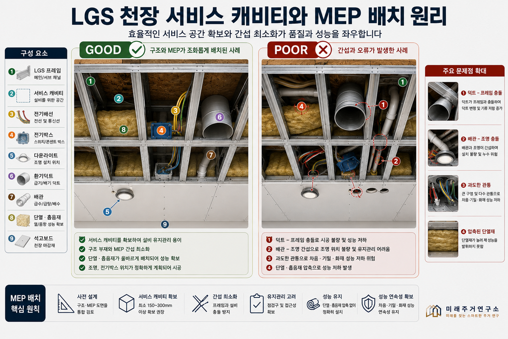LGS 모듈러 주택 천장 구조란? 석고보드·서비스 캐비티·단열·설비층 설계 2 LGS 천장 MEP 배치 원리 인포그래픽