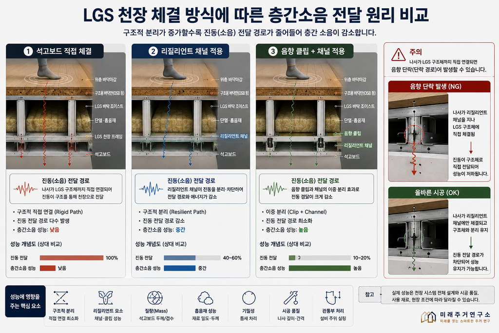 LGS 모듈러 주택 천장 구조란? 석고보드·서비스 캐비티·단열·설비층 설계 3 LGS 천장 체결 방식별 층간소음 비교
