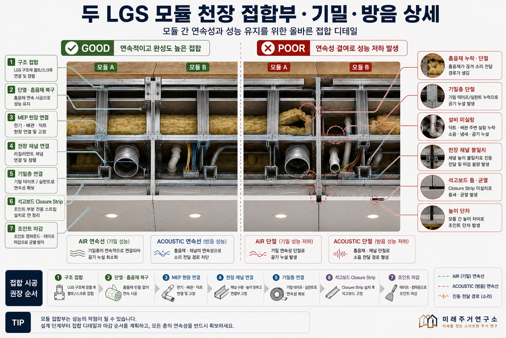 LGS 모듈러 주택 천장 구조란? 석고보드·서비스 캐비티·단열·설비층 설계 4 LGS 천장 접합부 GOOD vs POOR 상세 비교