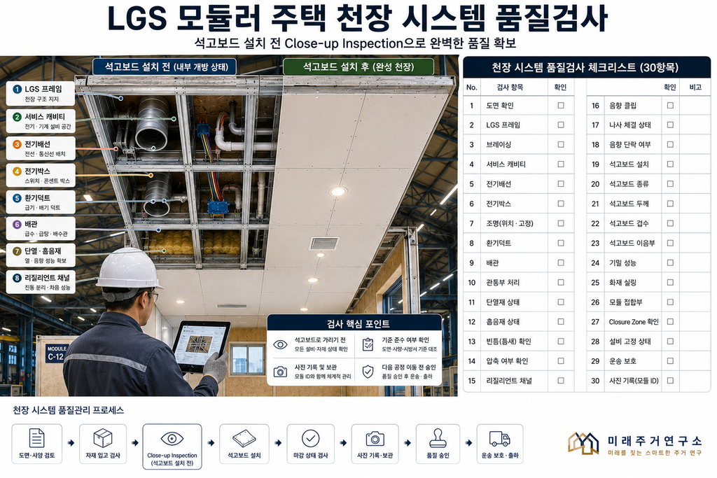 LGS 모듈러 주택 천장 구조란? 석고보드·서비스 캐비티·단열·설비층 설계 5 LGS 모듈러 천장 품질검사 가이드
