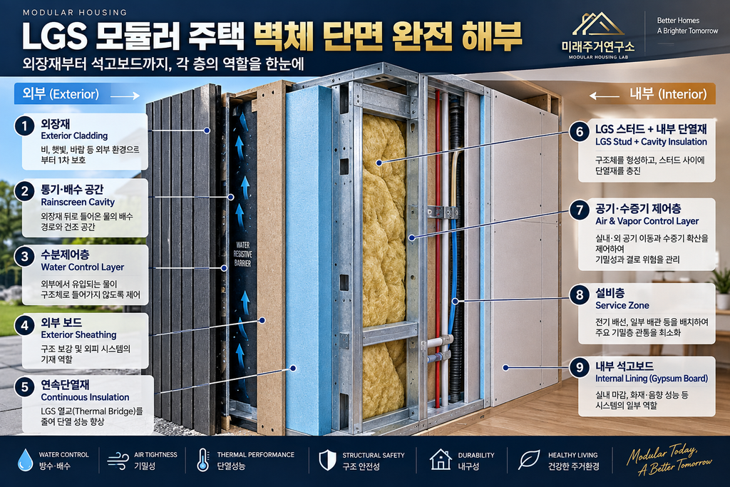 LGS 모듈러 주택 벽체 단면 완전 해부: 외장재부터 석고보드까지 1 LGS 모듈러 주택 벽체 단면 해부