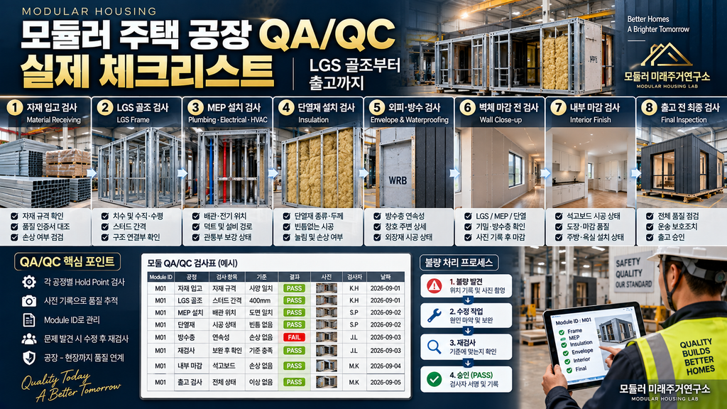 모듈러 주택 공장 QA/QC 실제 체크리스트: 골조부터 출고까지 1 모듈러 주택 공장 QA QC LGS 골조 MEP 단열 PASS FAIL 출고검사