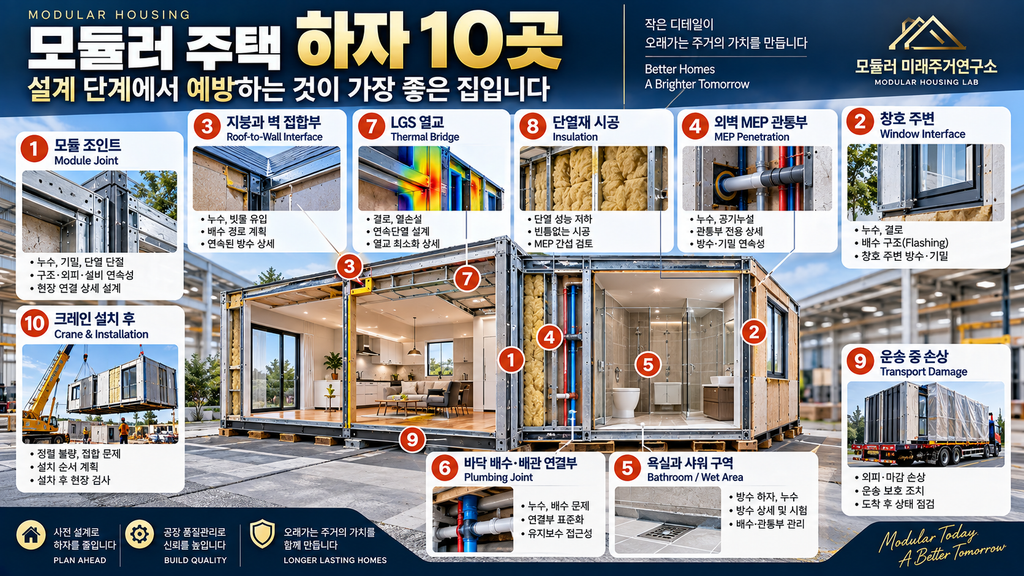 모듈러 주택에서 하자가 생기기 쉬운 10곳과 설계 단계 예방법 1 모듈러 주택 하자 위험 위치 LGS 누수 결로 Module Joint 창호 관통부 체크리스트