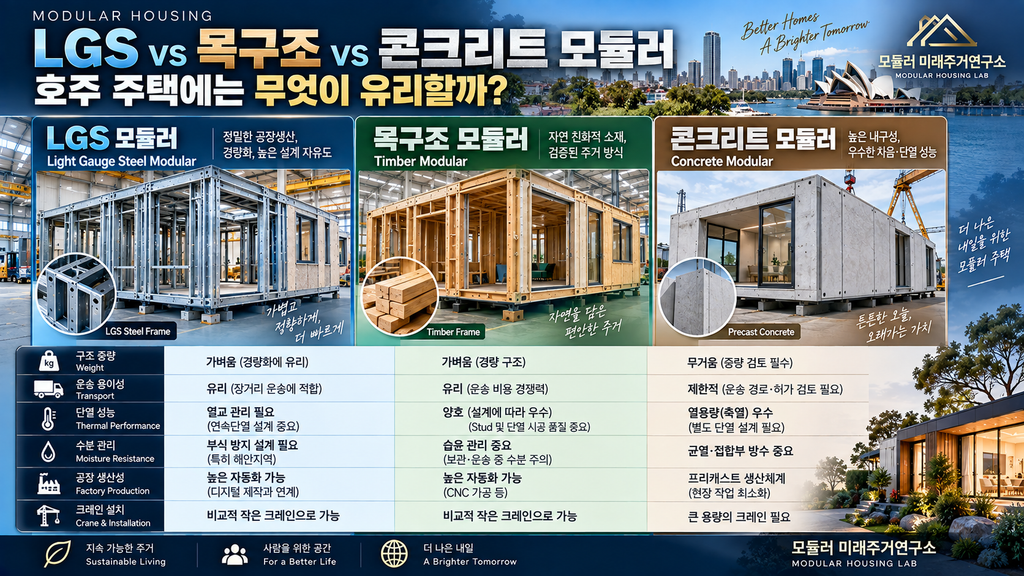 LGS vs 목구조 vs 콘크리트 모듈러, 호주 주택에는 무엇이 유리할까? 1 LGS 목구조 콘크리트 모듈러 비교 호주 모듈러 주택 구조 운송 단열