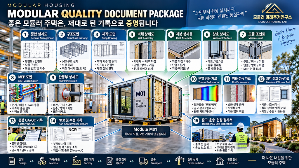 모듈러 주택 업체가 보여줘야 할 도면·시험성적서·품질서류 15가지 1 모듈러 주택 업체 선택 도면 시험성적서 QA QC 품질서류 Module ID