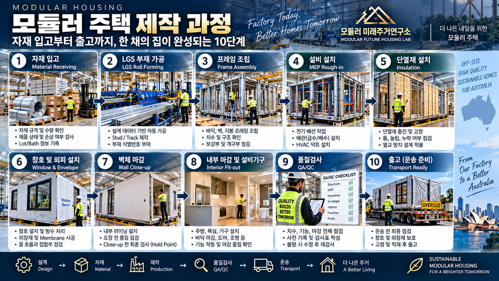 모듈러 주택 한 채가 공장에서 완성되는 과정: 자재 입고부터 출고까지 1 모듈러 주택 제작 과정 LGS 공장 자재 입고 골조 MEP 단열 QA QC 출고