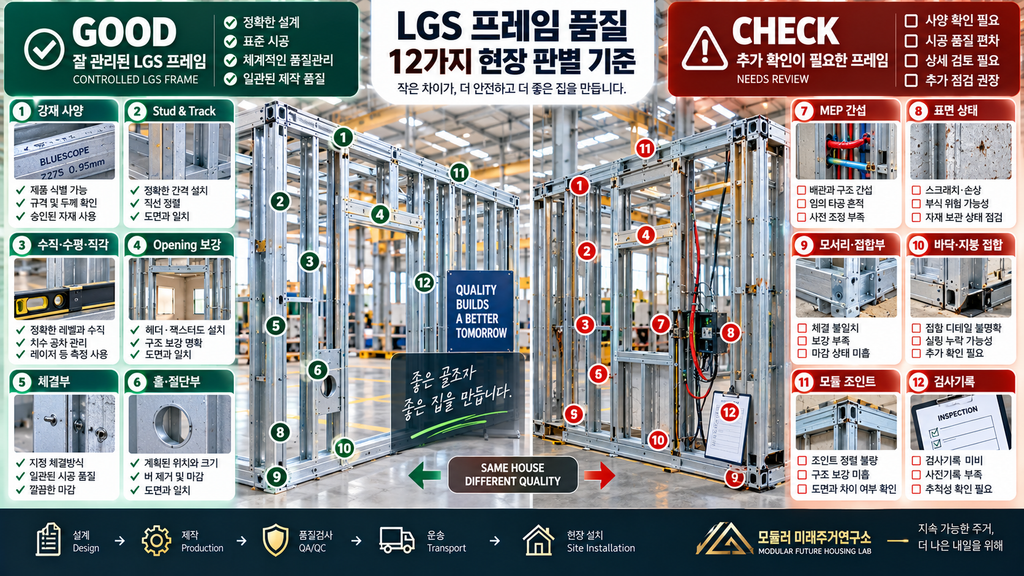 좋은 LGS 프레임과 나쁜 LGS 프레임은 무엇이 다를까? 현장에서 보는 12가지 기준 1 LGS 프레임 품질 좋은 골조 나쁜 골조 비교 LGS 모듈러 주택 12가지 검사 기준