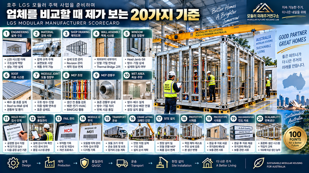 호주 LGS 모듈러 주택 사업을 준비하며 업체를 비교할 때 제가 보는 20가지 기준 1 LGS 모듈러 주택 업체 비교 호주 제조사 선택 20가지 100점 평가표