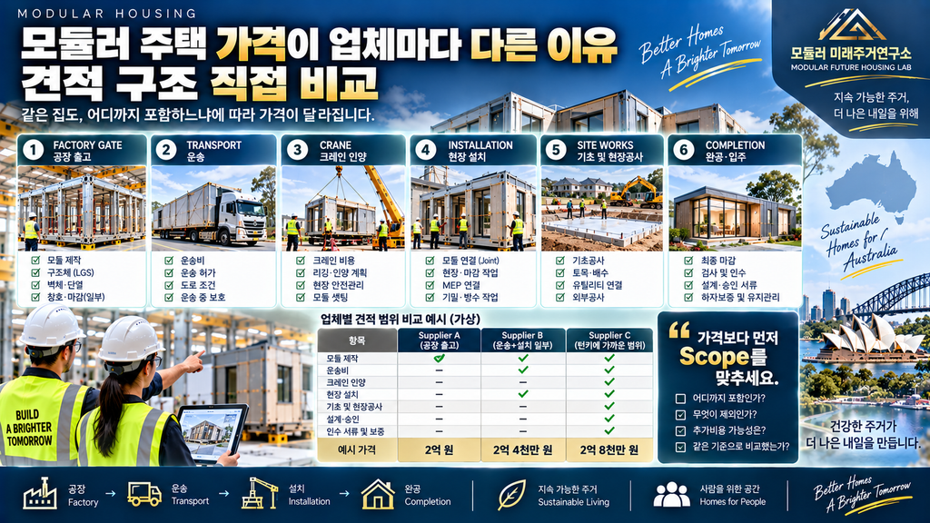 모듈러 주택 가격이 업체마다 다른 이유: 견적 구조 직접 비교 1 모듈러 주택 가격 비교 공장 운송 크레인 설치 현장공사 견적 구조