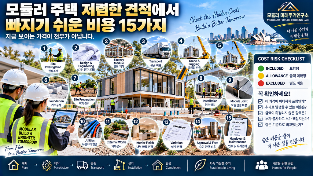 모듈러 주택 저렴한 견적에서 빠지기 쉬운 비용 15가지 1 모듈러 주택 추가 비용 기초 운송 크레인 설치 유틸리티 숨은 비용 15가지