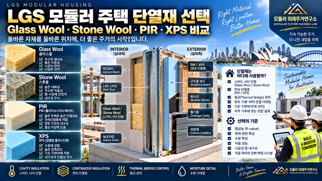 LGS 모듈러 주택 단열재 선택: Glass Wool·Stone Wool·PIR·XPS 비교 1 LGS 모듈러 주택 단열재 글라스울 스톤울 PIR XPS 벽체 비교