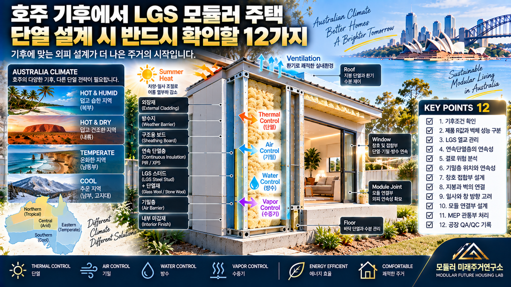 호주 기후에서 LGS 모듈러 주택 단열 설계 시 반드시 확인할 12가지 1 호주 LGS 모듈러 주택 단열 열교 결로 기밀 외피 설계