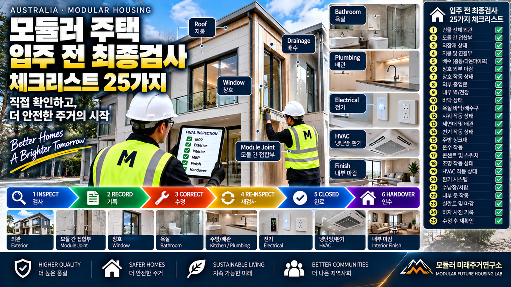 모듈러 주택 입주 전 최종검사 체크리스트: 인수 전에 직접 확인할 25가지 1 모듈러 주택 입주 전 검사 LGS 최종 인수 QA QC 체크리스트