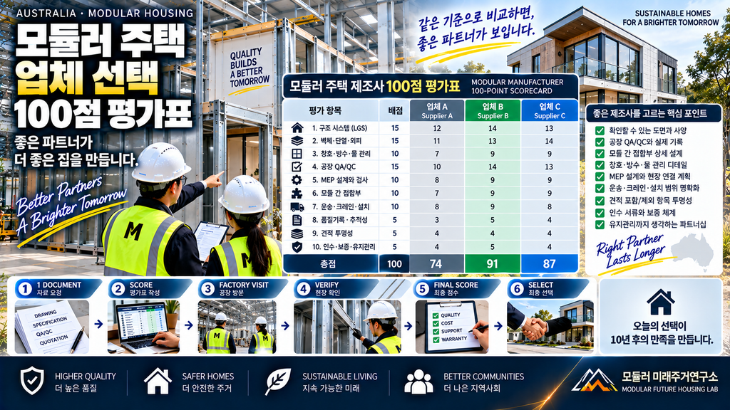 모듈러 주택 업체 선택 100점 평가표: 좋은 제조사를 고르는 10가지 기준 1 모듈러 주택 업체 선택 LGS 제조사 100점 평가표 QA QC 견적 비교