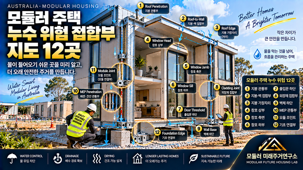 모듈러 주택 누수 위험 접합부 지도: 물이 들어오기 쉬운 12곳 1 모듈러 주택 누수 위험 지도 창호 지붕 MEP 관통부 Module Joint 방수 배수