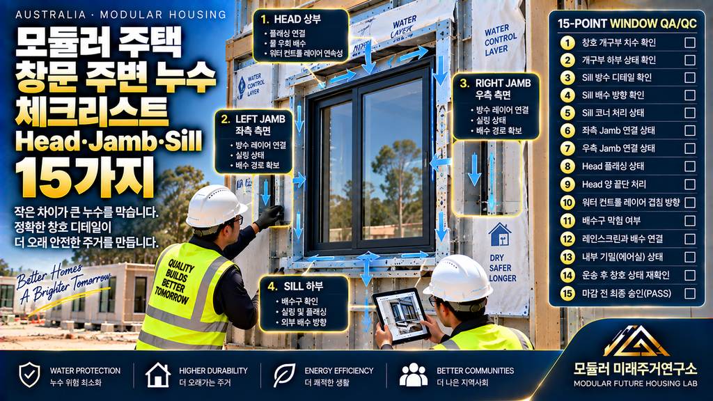 모듈러 주택 창문 주변 누수 체크리스트: Head·Jamb·Sill 15가지 1 모듈러 주택 창문 누수 Head Jamb Sill 방수 배수 QA QC 체크리스트
