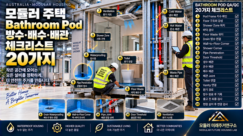 모듈러 주택 Bathroom Pod 방수·배수·배관에서 확인해야 할 20가지 1 모듈러 주택 Bathroom Pod 방수 배수 배관 Floor Waste QA QC 검사