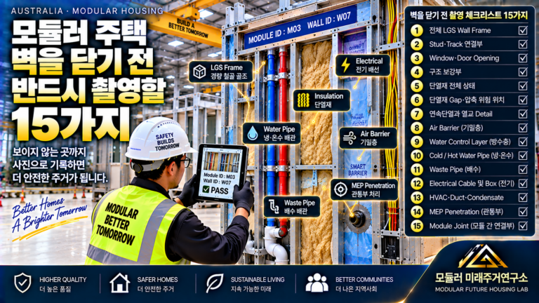모듈러 주택 벽을 닫기 전 반드시 촬영해야 할 15가지: 나중에 보이지 않는 품질기록 7 모듈러 주택 벽체 촬영 체크리스트 15가지 썸네일