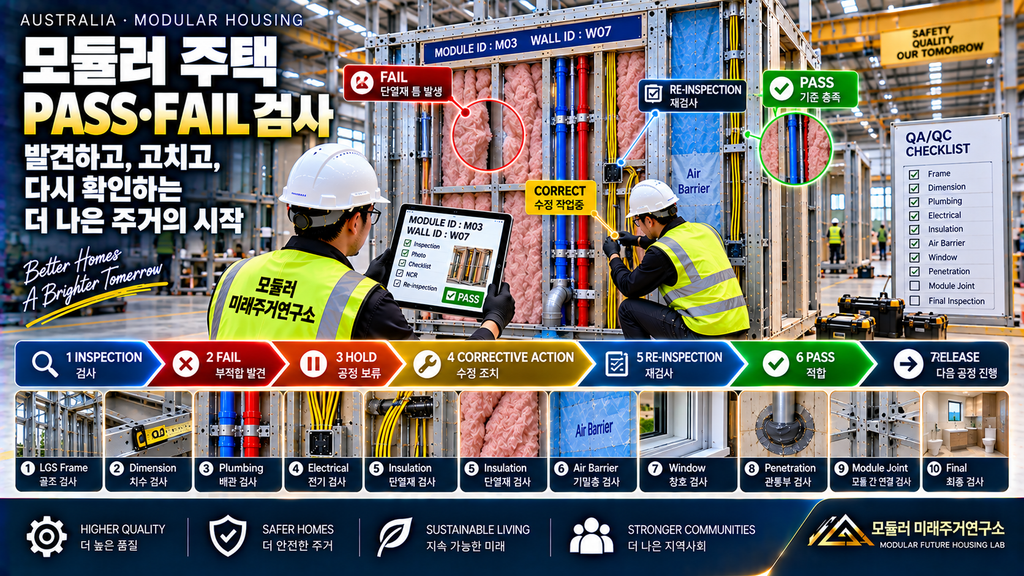 모듈러 주택 공장검사표 PASS·FAIL 판정은 어떻게 해야 할까? 재검사까지 이어지는 QA/QC 기준 1 모듈러 주택 PASS FAIL 검사 공장 QA QC 수정 재검사 Hold Point