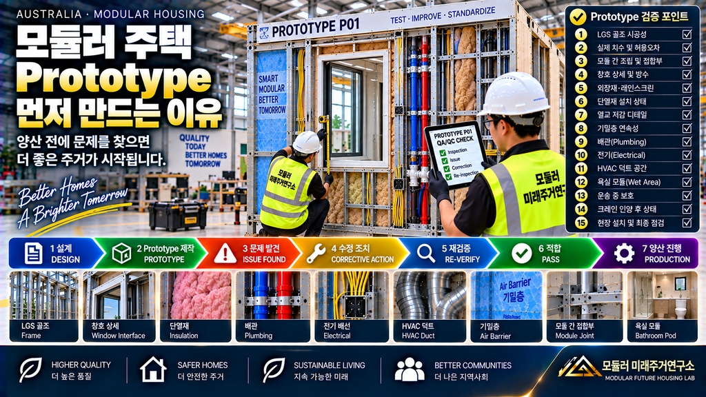모듈러 주택 Prototype을 한 채 먼저 만드는 이유: 양산 전에 찾아야 할 설계·제작 문제 1 모듈러 주택 Prototype LGS 양산 전 설계 제작 QA QC 검증