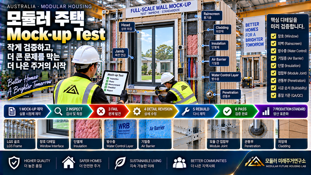 모듈러 주택 Mock-up Test가 필요한 이유: 창호·외벽·접합부를 양산 전에 검증하는 방법 1 모듈러 주택 Mock-up Test LGS 창호 외벽 Module Joint QA QC 검증