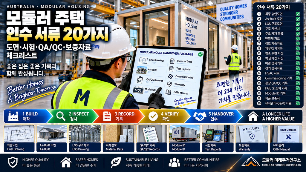 모듈러 주택 인수할 때 반드시 받아야 할 서류 20가지: 도면·시험·QA/QC·보증자료 체크리스트 1 모듈러 주택 인수 서류 도면 QA QC Module ID 보증자료 체크리스트