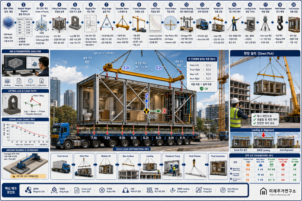 모듈러 건축 Crane·Lifting Engineering이란? 크레인으로 모듈을 설치하는 핵심 기술 1 LGS 볼류메트릭 모듈 Crane Lifting Engineering과 COG Spreader Beam 설치 원리
