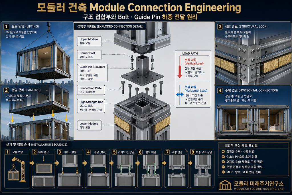 모듈러 건축 Module Connection Engineering이란? 모듈 접합부 핵심 기술 1 모듈러 건축 Module Connection Engineering 구조 접합부와 Bolt Guide Pin 하중 전달 원리