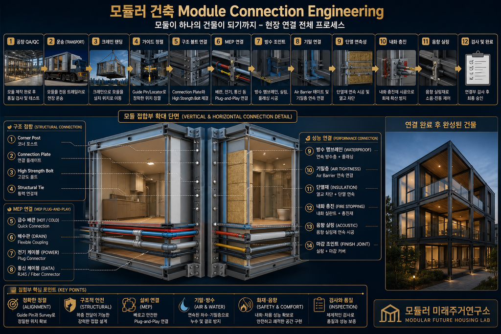 모듈러 건축 Module Connection Engineering이란? 모듈 접합부 핵심 기술 2 LGS 모듈러 주택 Module Connection 구조 MEP 방수 기밀 내화 접합부 상세