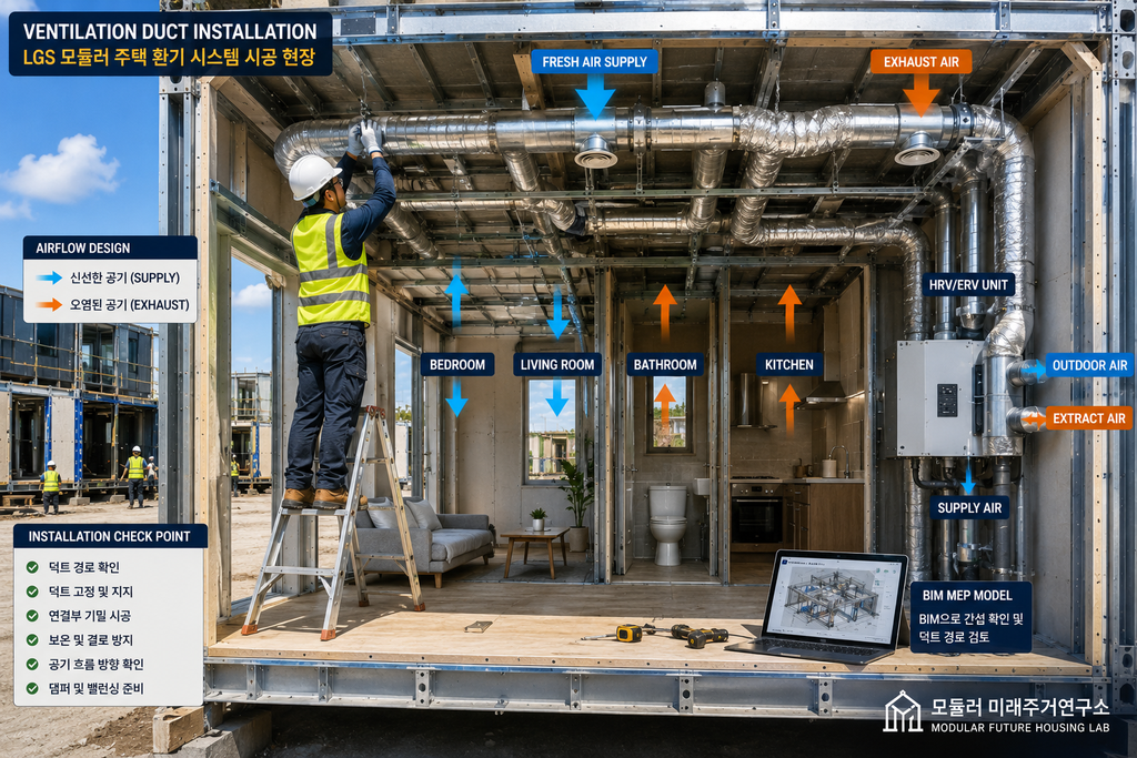 모듈러 주택 Ventilation Engineering이란? LGS 환기·열회수 시스템 설계 1 모듈러 주택 Ventilation Engineering LGS HRV ERV 환기 덕트 실제 시공