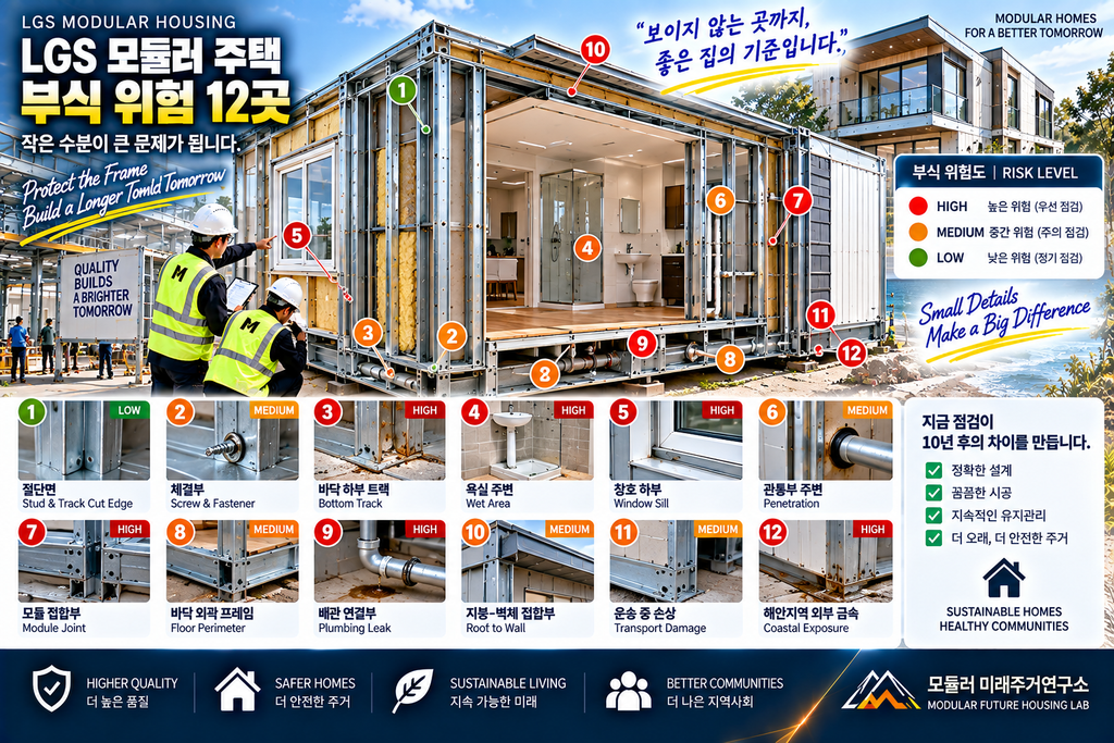 LGS 모듈러 주택에서 녹이 시작되는 12곳: 프레임 부식 위험지도 만들기 1 LGS 모듈러 주택 부식 위험지도 Bottom Track 창호 Module Joint QA QC