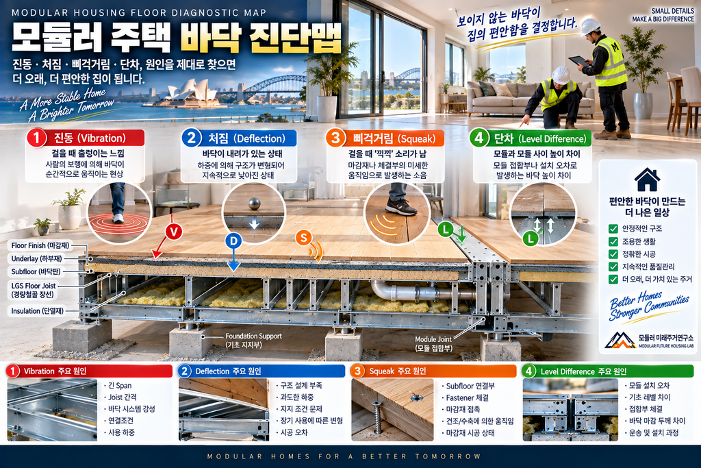 모듈러 주택 바닥이 흔들리는 이유: 진동·처짐·삐걱거림을 구분하는 방법 1 MODULAR FLOOR DIAGNOSTIC MAP