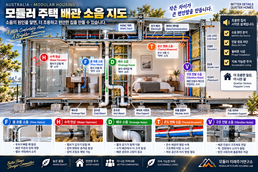 모듈러 주택 배관 소음은 왜 생길까? 급수·배수 소음을 줄이는 15가지 설계 포인트 1 모듈러 주택 배관 소음 LGS Water Hammer 배수관 Pipe Support 진동 진단