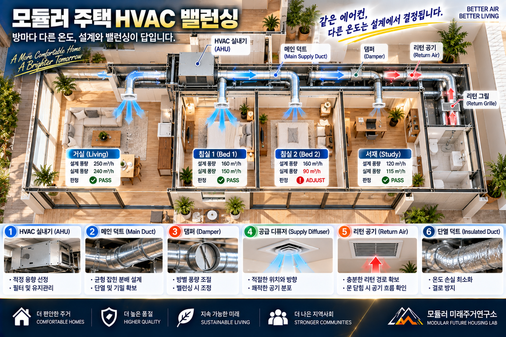 에어컨은 잘 나오는데 방마다 온도가 다른 이유: 모듈러 주택 HVAC 밸런싱 1 모듈러 주택 HVAC 밸런싱 방별 풍량 Supply Air Return Air Damper 점검