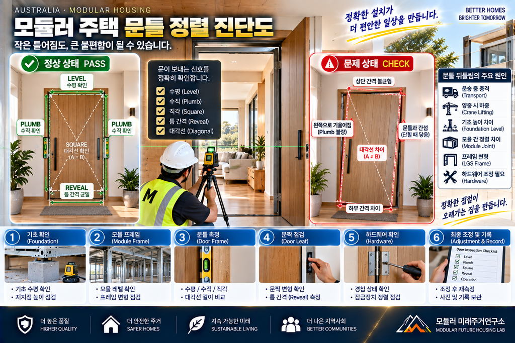모듈러 주택 현관문이 안 닫히는 이유: 운송·양중 후 뒤틀림을 찾는 방법 1 모듈러 주택 문틀 뒤틀림 LGS Door Alignment Level Plumb Square 검사