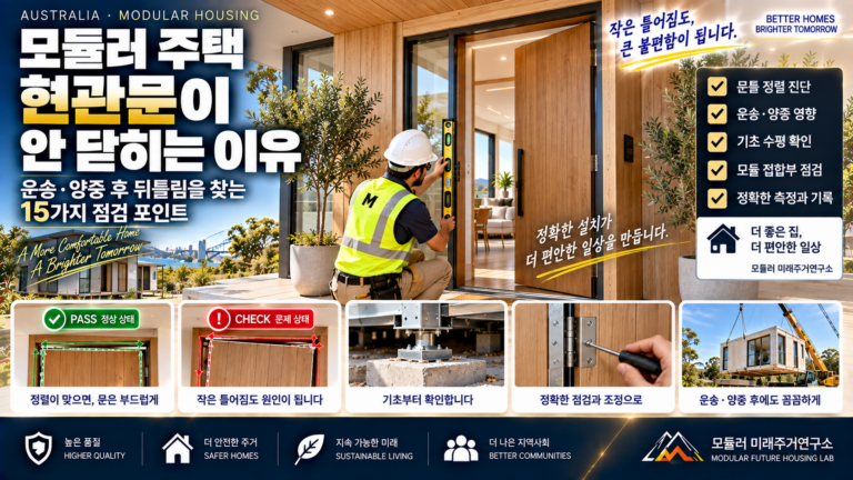 모듈러 주택 현관문이 안 닫히는 이유: 운송·양중 후 뒤틀림을 찾는 방법 1 모듈러 주택 현관문 정렬 점검 가이드 썸네일
